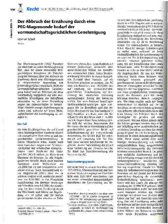 Vorschauseite 1: Der Abbruch der Ernährung durch eine PEG-Magensonde bedarf der vormundschaftsgerichtlichen Genehmigung