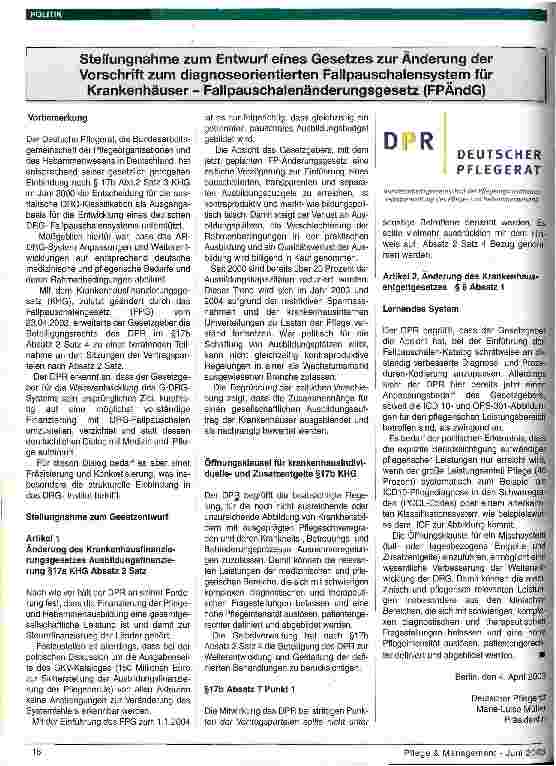 Vorschauseite 1: Stellungnahme zum Entwurf eines Gesetzes zur Änderung der Vorschrift zum diagnoseorientierten Fallpauschalensystem für Krankenhäuser - Fallpauschalenänderungsgesetz (FPÄndG)