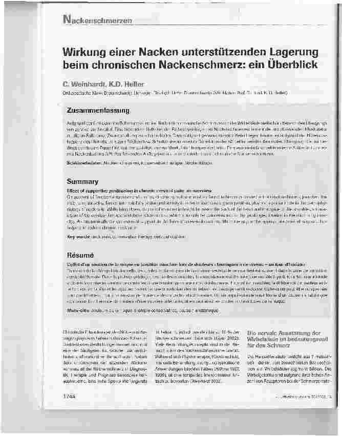 Vorschauseite 1: Wirkung einer Nacken unterstützenden Lagerung beim chronischen Nackenschmerz: ein Überblick