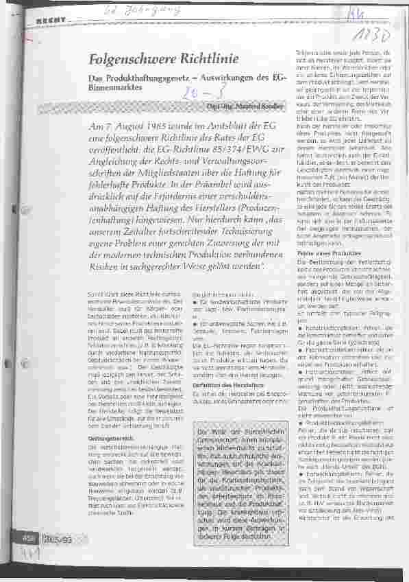 Vorschauseite 1: Folgenschwere Richtlinie Das Produkthaftungsgesetz - Auswirkungen des EG-Binnenmarktes
