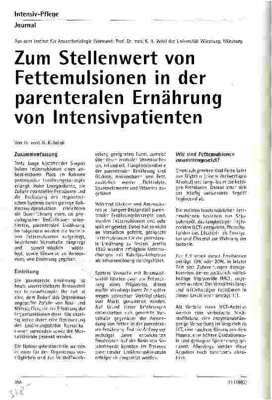 Vorschauseite 1: Zum Stellenwert von Fettemulsionen in der parenteralen Ernährung von Intensivpatienten