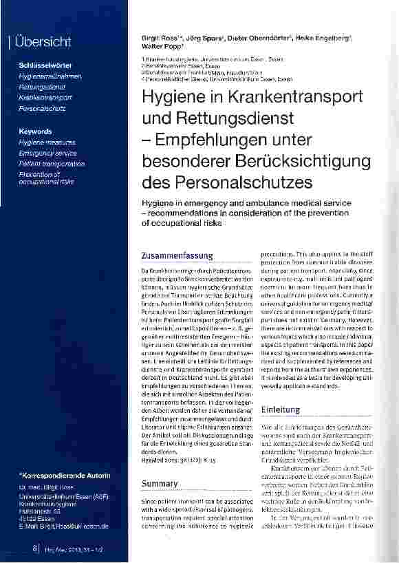 Vorschauseite 1: Hygiene in Krankentransport und Rettungsdienst - Empfehlungen unter besonderer Berücksichtigung des Personalschutzes
