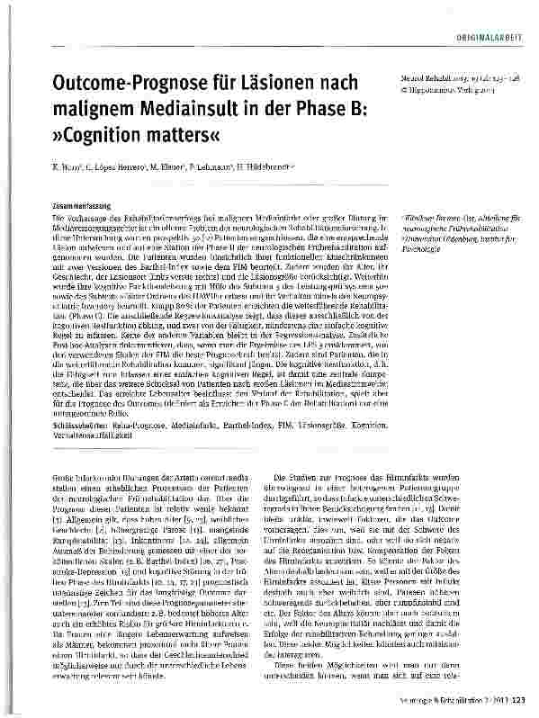Vorschauseite 1: Outcome-Prognose für Läsionen nach malignem Mediainsult in der Phase B: »Cognition matters«