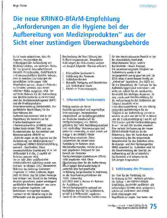 Vorschauseite 1: Die neue KRINKO-BfArM-Empfehlung „Anforderungen an die Hygiene bei der Aufbereitung von Medizinprodukten aus der Sicht einer zuständigen Überwachungsbehörde
