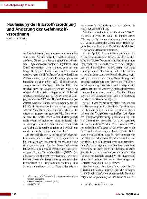 Vorschauseite 1: Neufassung der Biostoffverordnung und Änderung der Gefahrstoffverordnung