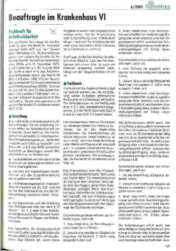 Vorschauseite 1: Beauftragte im Krankenhaus VI Fachkraft für Arbeitssicherheit