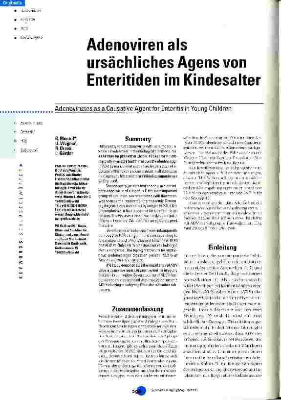 Vorschauseite 1: Adenoviren als ursächliches Agens von Enteritiden im Kindesalter