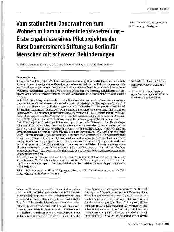 Vorschauseite 1: Vom stationären Dauerwohnen zum Wohnen mit ambulanter Intensivbetreuung Erste Ergebnisse eines Pilotprojektes der Fürst Donnersmarck-Stiftung zu Berlin für Menschen mit schweren B…