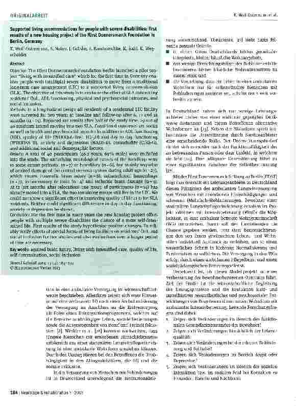 Vorschauseite 2: Vom stationären Dauerwohnen zum Wohnen mit ambulanter Intensivbetreuung Erste Ergebnisse eines Pilotprojektes der Fürst Donnersmarck-Stiftung zu Berlin für Menschen mit schweren B…