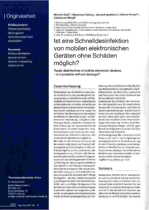 Vorschauseite 1: Ist eine Schnelldesinfektion von mobilen elektronischen Geräten ohne Schäden möglich?