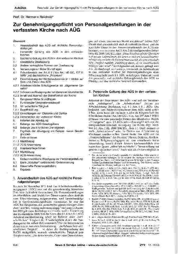 Vorschauseite 1: Zur Genehmigungspflicht von Personalgestellungen in der verfassten Kirche nach AÜG