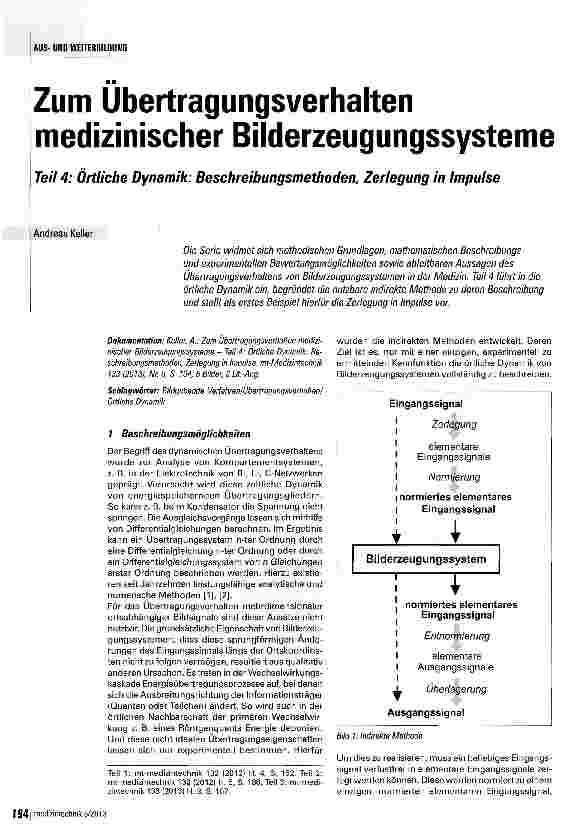 Vorschauseite 1: Zum Ubertragungsverhalten medizinischer Bilderzeugungssysteme Teil 4: Örtliche Dynamik: Beschreibungsmethoden, Zerlegung in Impulse
