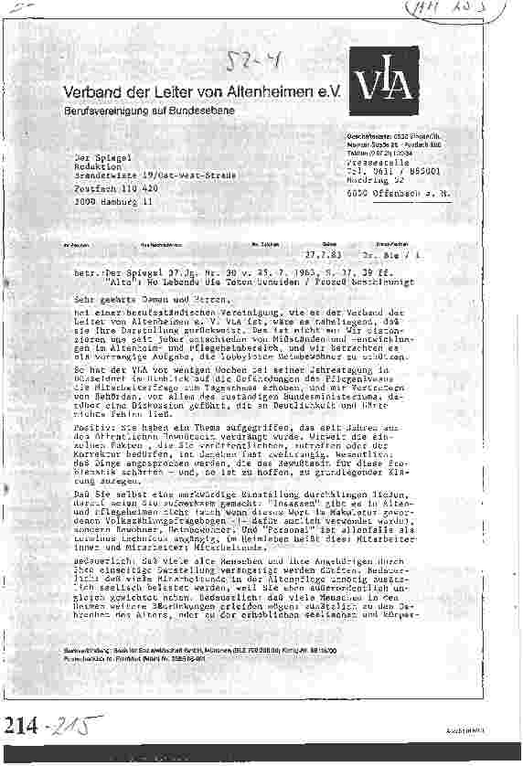 Vorschauseite 1: Verband der Leiter von Altenheimen e. V. / Brief an die Spiegelredaktion