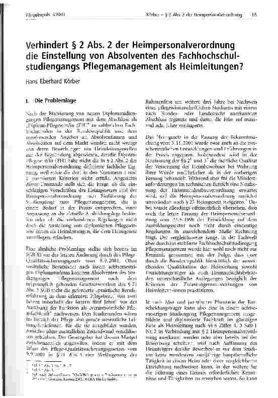 Vorschauseite 1: Verhindert § 2 Abs. 2 der Heimpersonalverordnung die Einstellung von Absolventen des Fachhochschulstudiengangs Pflegemanagement als Heimleitungen?