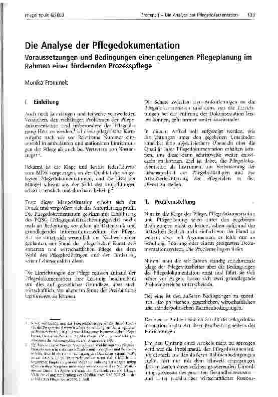Vorschauseite 1: Die Analyse der Pflegedokumentation Voraussetzungen und Bedingungen einer gelungenen Pflegeplanung im Rahmen einer fördernden Prozesspflege