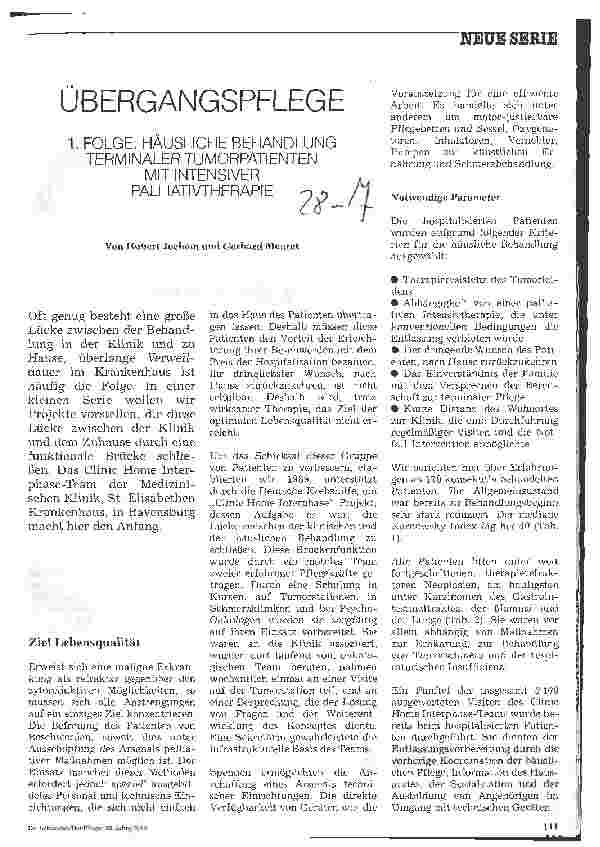 Vorschauseite 1: Übergangspflege -1.Folge:Häusliche Behandlung terminaler Tumorpatienten mit invasiver Palliativtherapie