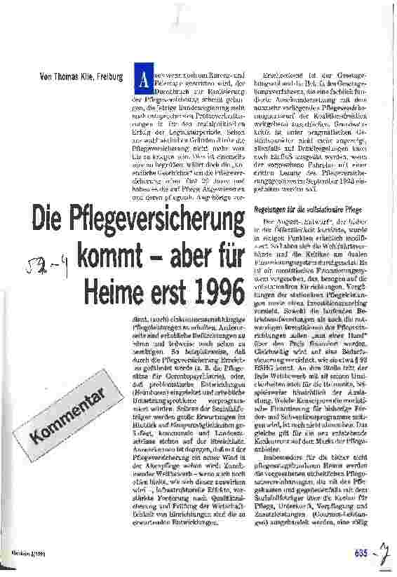 Vorschauseite 1: Die Pflegeversicherung kommt - aber für Heime erst 1996 Kommentar