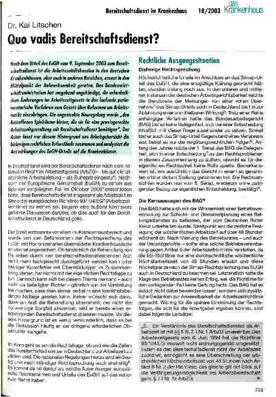 Vorschauseite 1: Quo vadis Bereitschaftsdienst?