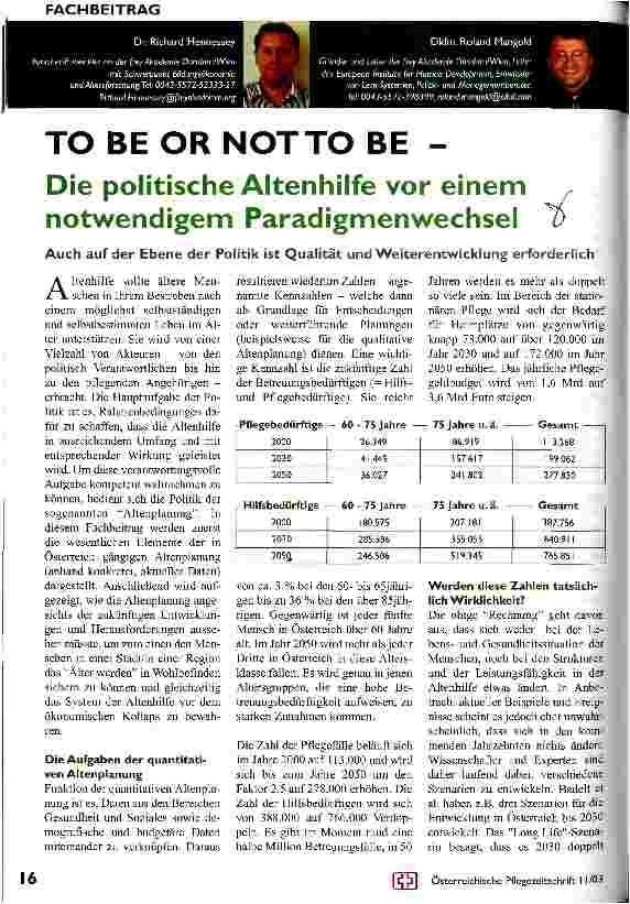 Vorschauseite 1: To be or not to be - Die politische Altenhilfe vor einem notwendigen Paradigmenwechsel