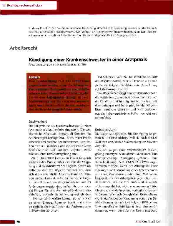 Vorschauseite 1: Kündigung einer Krankenschwester in einer Arztpraxis ArbG Bonn vom 28.11.2012 (5 Ca 1834/12 EU)