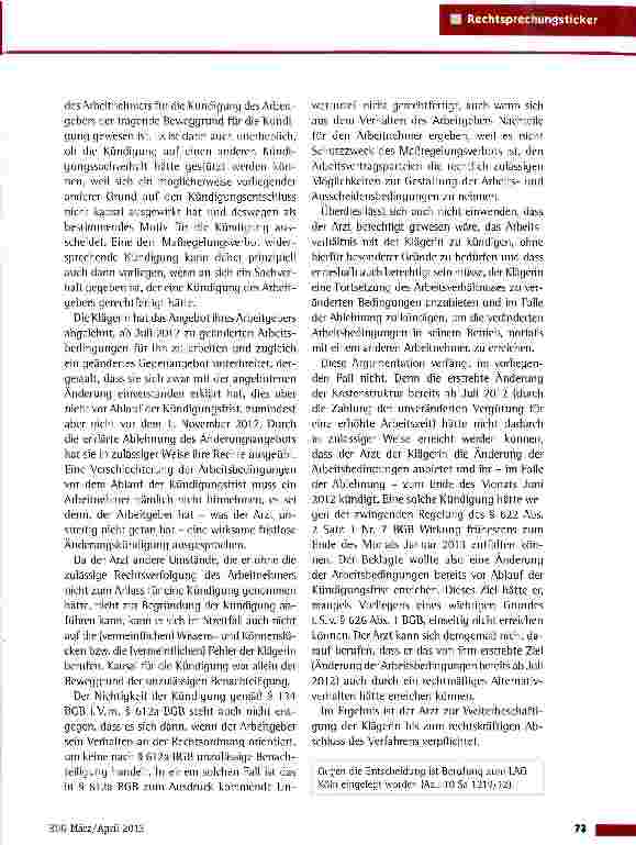 Vorschauseite 2: Kündigung einer Krankenschwester in einer Arztpraxis ArbG Bonn vom 28.11.2012 (5 Ca 1834/12 EU)