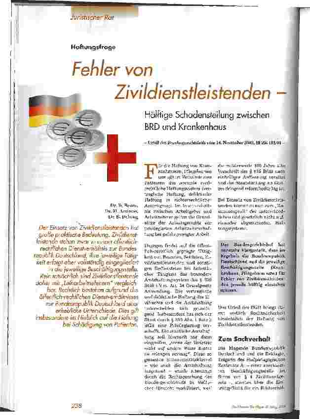 Vorschauseite 1: Fehler von Zivildienstleistenden - Hälftige Schadensteilung zwischen BRD und Krankenhaus