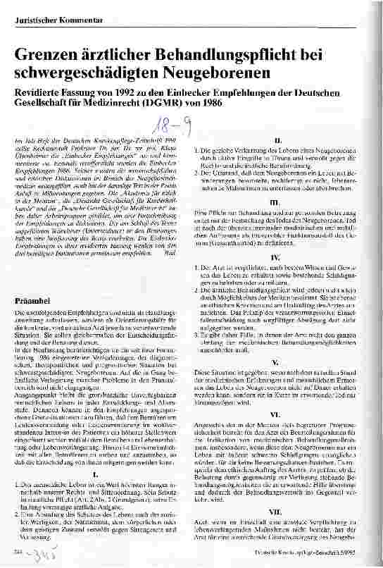 Vorschauseite 1: Grenzen ärztlicher Behandlungspflicht bei schwergeschädigten Neugeborenen Einbecker Empfehlungen d. Dt. Gesellschaft f. Medizinrecht, revid.