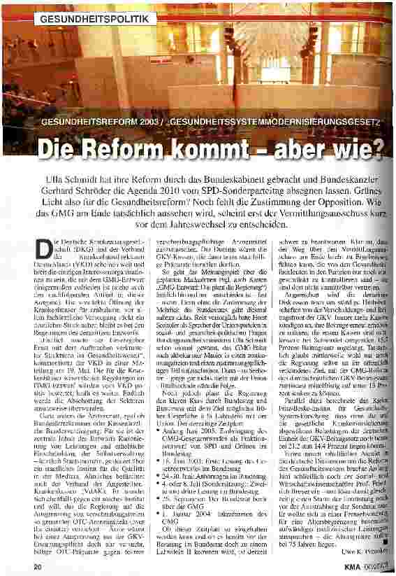Vorschauseite 1: Gesundheitsreform 2003 / Gesundheitssystemmodernisierungsgesetz Die Reform kommt - aber wie?