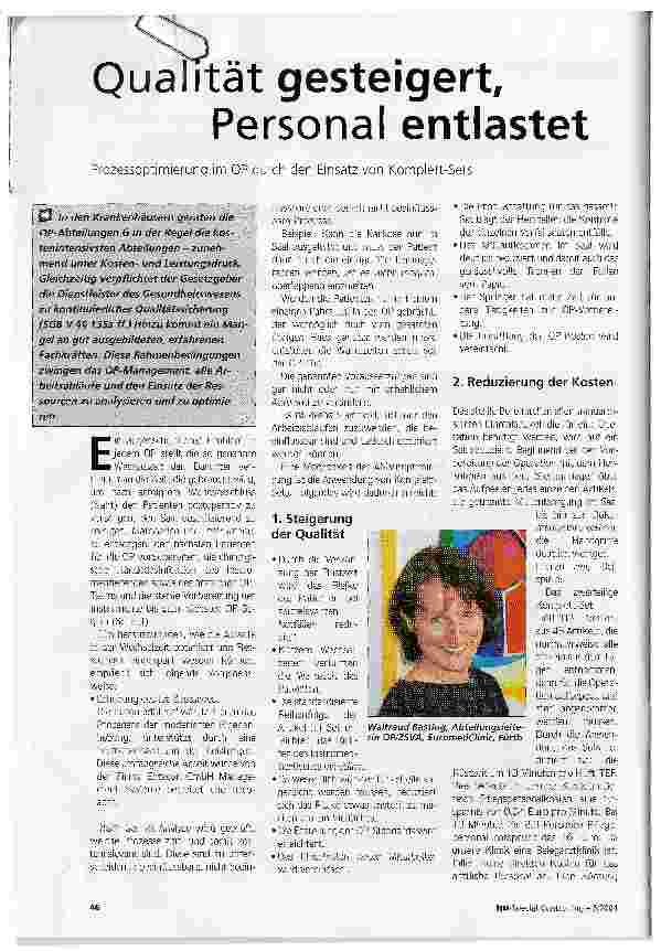 Vorschauseite 1: Qualität gesteigert, Personal entlastetProzessoptimierung im OP durch den Einsatz von Komplett-Sets