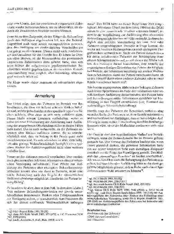 Vorschauseite 3: Aufklärungespflicht über alternative Behandlungmöglichkeiten, insbesondere bei zahnprothetischen Behandlungen