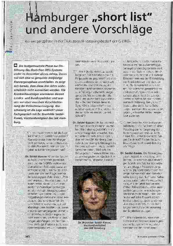 Vorschauseite 1: Hamburger short list und andere VorschlägeKonvergenzphase in der Diskussion/Anpassungsbedarf der G-DRGs