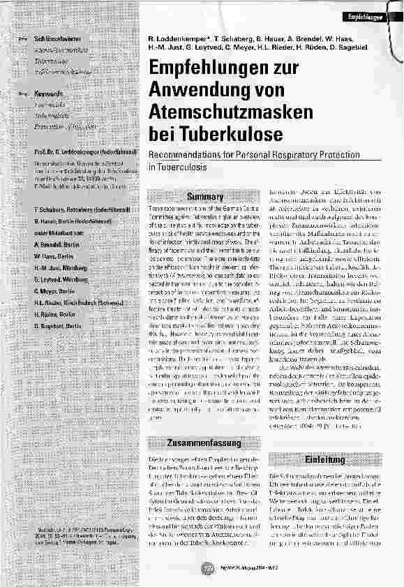 Vorschauseite 1: Empfehlungen zur Anwendung von Atemschutzmasken bei Tuberkulose