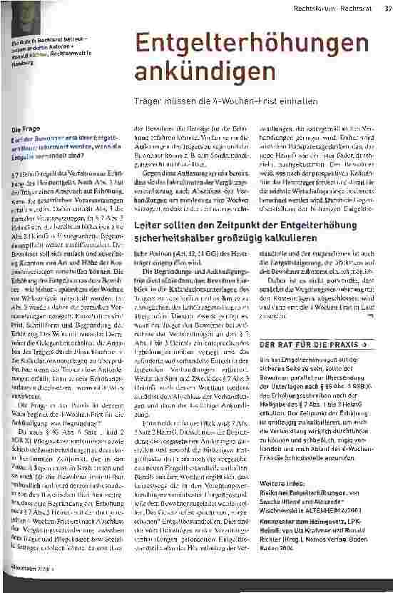 Vorschauseite 1: Entgelterhöhungen ankündigen Träger müssen die 4-Wochen-Frist einhalten