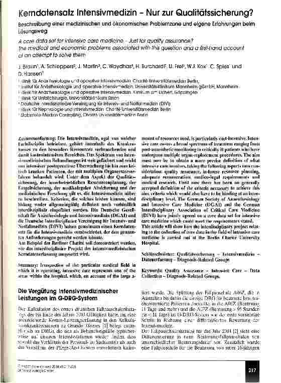 Vorschauseite 1: Kerndatensatz Intensivmedizin - Nur zur Qualitätssicherung? Beschreibung einer medizinischen und ökonomischen Problemzone und eigene Erfahrungen beim Lösungsweg