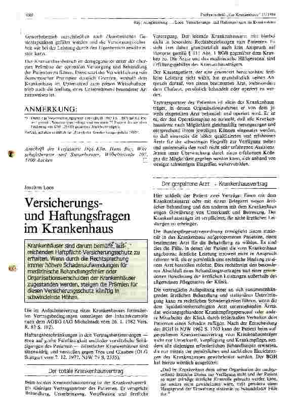 Vorschauseite 1: Versicherungs - und Haftungsfragen im Krankenhaus