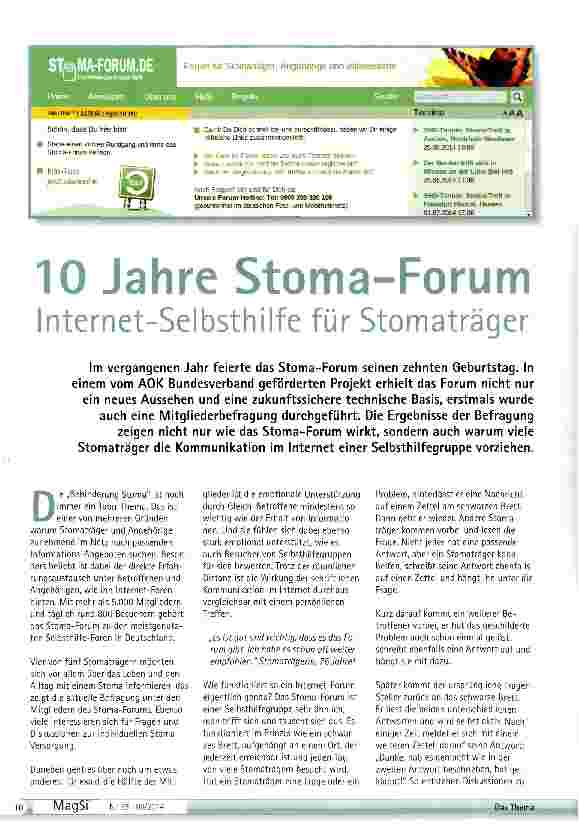 Vorschauseite 1: 10 Jahre Stoma-Forum Internet-Selbsthilfe für Stomaträger