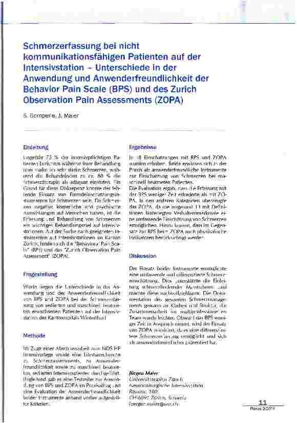 Vorschauseite 1: Schmerzerfassung bei nicht kommunikationsfähigen Patienten auf der Intensivstation - Unterschiede in der Anwendung und Anwenderfreundlichkeit der Behavior Pain Scale (BPS) und des…