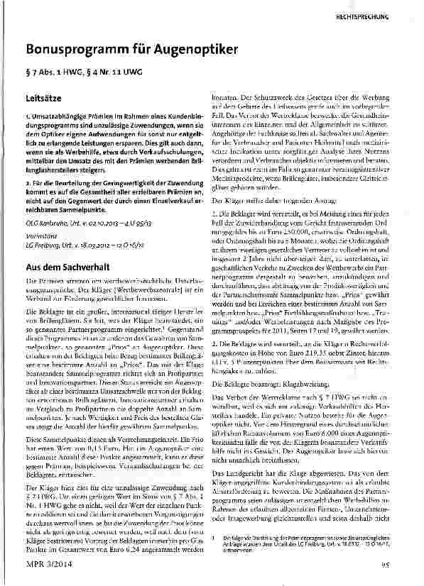 Vorschauseite 1: Bonusprogramm für Augenoptiker § 7 Abs. 1 HWG, § 4 Nr. 11 UWG