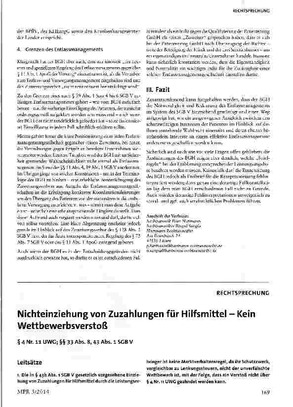 Vorschauseite 1: Nichteinziehung von Zuzahlungen für Hilfsmittel - Kein Wettbewerbsverstoß § 4 Nr. 11 UWG; §§ 33 Abs. 8, 43 Abs. 1 SGB V