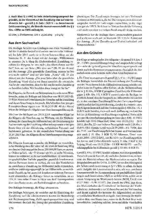 Vorschauseite 2: Nichteinziehung von Zuzahlungen für Hilfsmittel - Kein Wettbewerbsverstoß § 4 Nr. 11 UWG; §§ 33 Abs. 8, 43 Abs. 1 SGB V