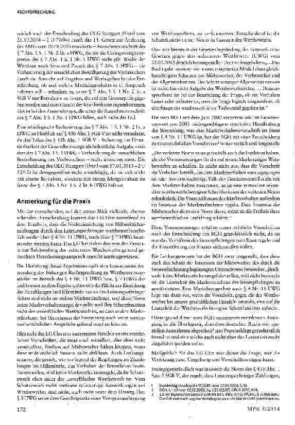 Vorschauseite 4: Nichteinziehung von Zuzahlungen für Hilfsmittel - Kein Wettbewerbsverstoß § 4 Nr. 11 UWG; §§ 33 Abs. 8, 43 Abs. 1 SGB V