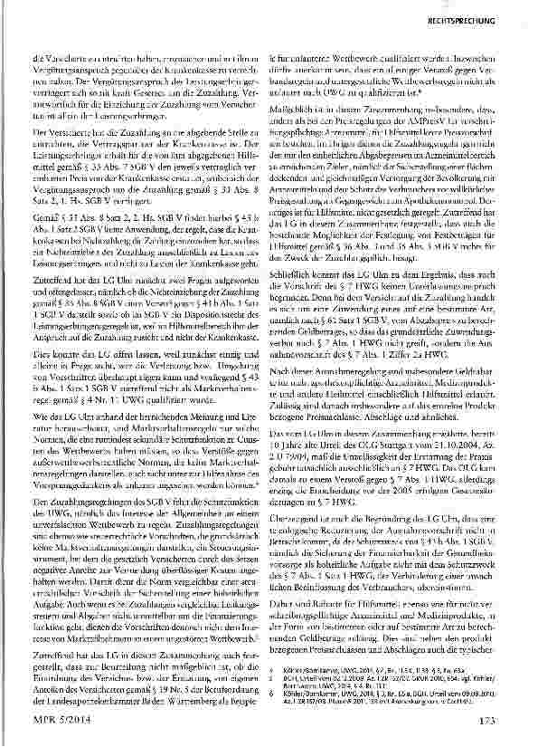 Vorschauseite 5: Nichteinziehung von Zuzahlungen für Hilfsmittel - Kein Wettbewerbsverstoß § 4 Nr. 11 UWG; §§ 33 Abs. 8, 43 Abs. 1 SGB V