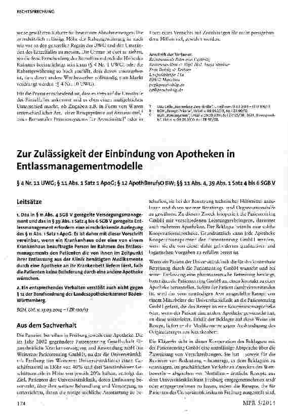 Vorschauseite 6: Nichteinziehung von Zuzahlungen für Hilfsmittel - Kein Wettbewerbsverstoß § 4 Nr. 11 UWG; §§ 33 Abs. 8, 43 Abs. 1 SGB V