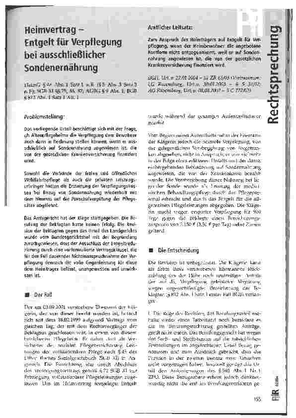 Vorschauseite 1: Heimvertrag - Entgelt für Verpflegung bei ausschließlicher Sondenernährung BGH, Urteil vom 22.01.2004