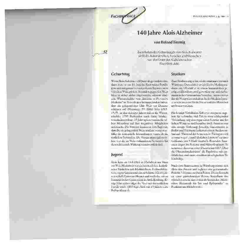 Vorschauseite 1: 140 Jahre Alois Alzheimer