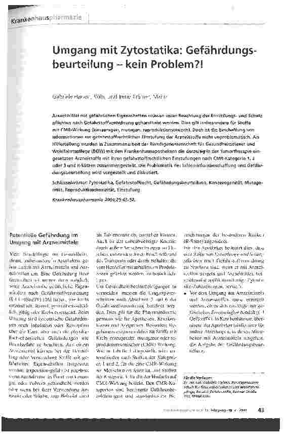 Vorschauseite 1: Umgang mit Zytostatika: Gefährdungsbeurteilung - kein Problem? !