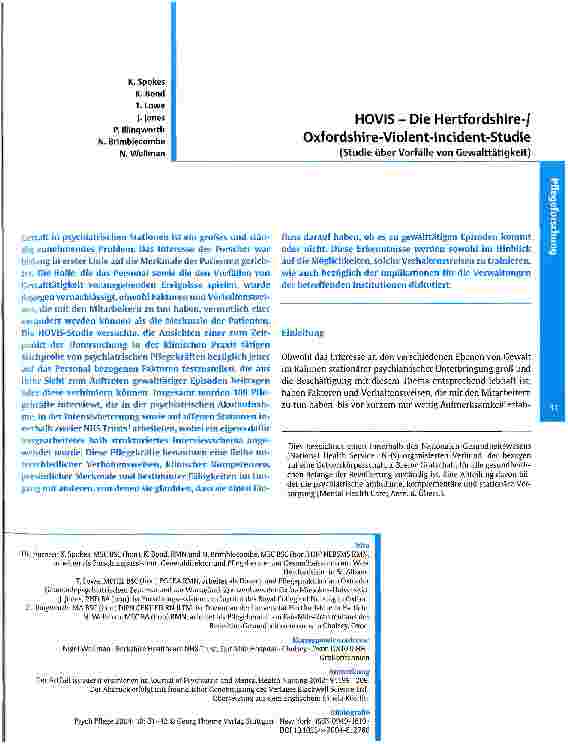 Vorschauseite 1: HOVIS - Die Hertfordshire-/Oxfordshire-Violent-Incident-Studie Studie über Vorfälle von Gewalttätigkeit