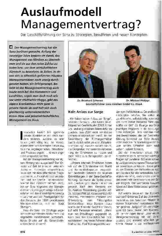 Vorschauseite 1: Auslaufmodell Managementvertrag?Die Geschäftsführung der Sana zu Strategien, bewährten und neuen Konzepten