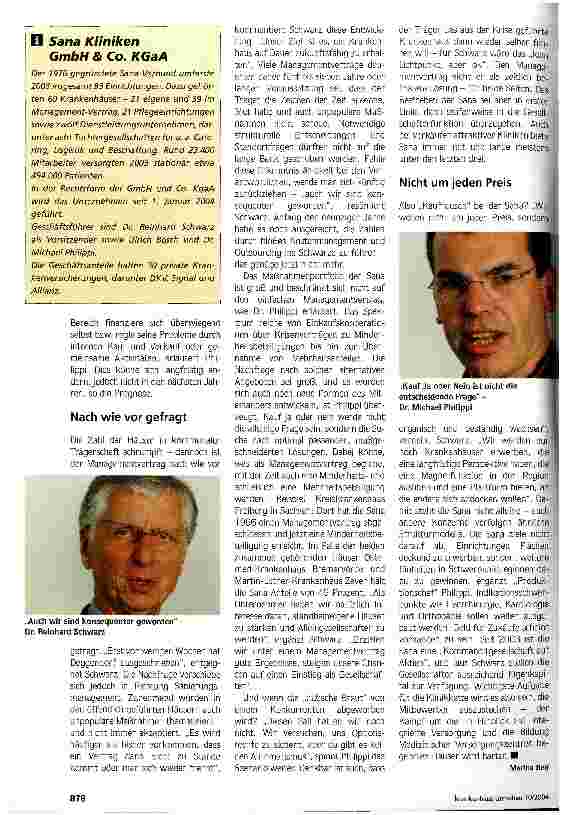 Vorschauseite 2: Auslaufmodell Managementvertrag?Die Geschäftsführung der Sana zu Strategien, bewährten und neuen Konzepten