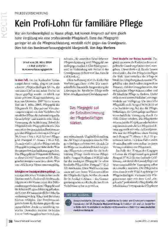 Vorschauseite 1: Kein Profi-Lohn für familiäre Pflege